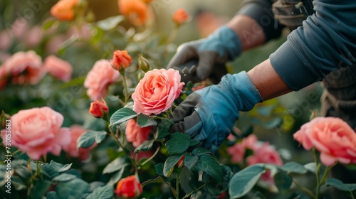 Fotografie, Obraz An experienced horticulturist carefully pruning a lush, blossoming rose bush in
