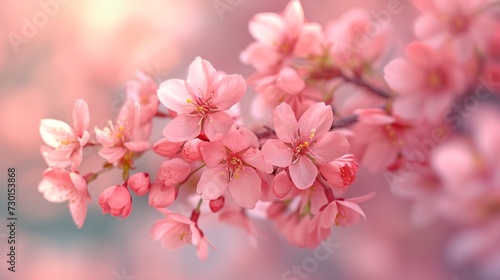 Delicate cherry blossoms in full bloom set against a soft pastel backdrop embody the beauty of spring