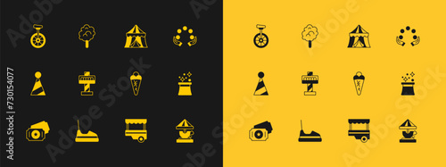 Set Juggling ball, Bumper car, Ice cream waffle, Fast street food cart, Attraction carousel, Circus tent, Unicycle and Cotton candy icon. Vector