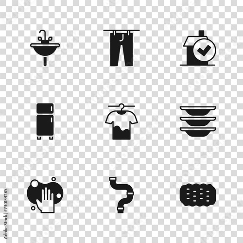 Set Industry metallic pipe, Washing dishes, Sponge, Drying clothes, Home cleaning service, Washbasin, and Refrigerator icon. Vector
