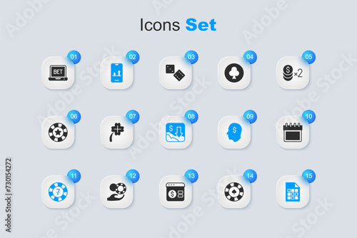 Set Casino chips, slot machine with clover, Online sports betting, Lottery ticket, Calendar, and Financial growth decrease icon. Vector