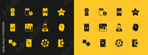 Set Casino win, Playing card with spades symbol, dealer, chips, Financial growth increase, Online sports betting, dollar and icon. Vector