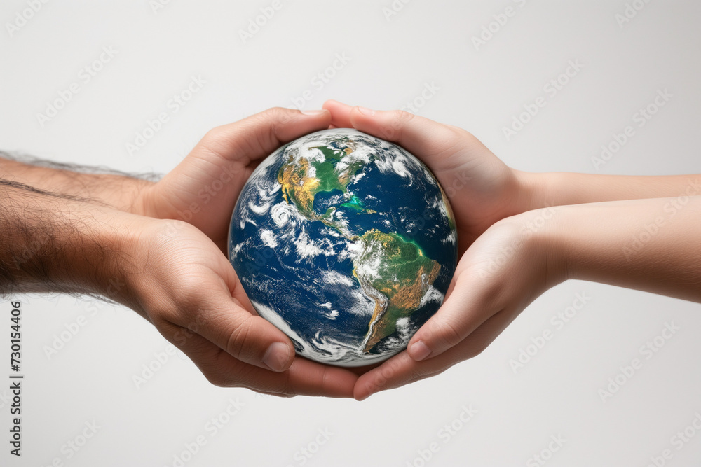 Two human hands holding planet earth as a symbol of care Two human hands holding planet earth as a symbol of care