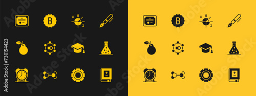 Set Fountain pen nib, Molecule, Graduation cap, Gear, Trigonometric circle, Certificate template and Exam paper with incorrect answers icon. Vector
