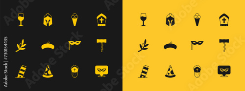 Set Pope hat, Slice of pizza, Carnival mask, French beret, Ice cream in waffle, Wine glass and Roman army helmet icon. Vector