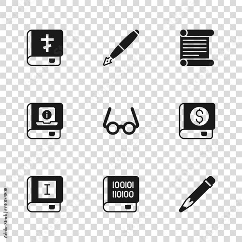 Set Books about programming, Financial book, Pencil with eraser, Glasses, Decree, parchment, scroll, Holy bible, Fountain pen nib and User manual icon. Vector