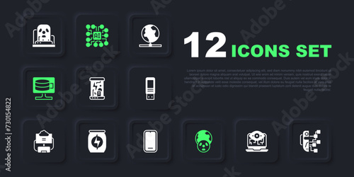 Set Computer vision, Humanoid robot, Cryogenic capsules, Planet earth and radiation, Cloud database, Energy drink, Neural network and Mobile phone icon. Vector
