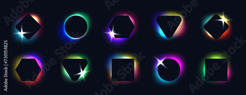 Black frames on background color blurred neon gradients. Geometric shapes with holographic light blur effect. Vector illustration