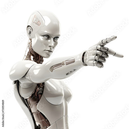 humanoid robot woman pointing isolated on transparent background