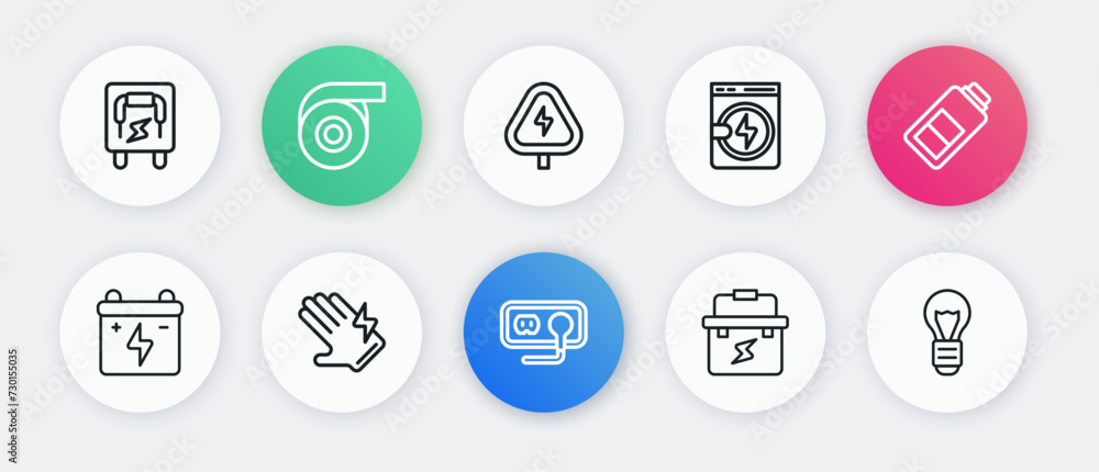 Set line Electrical outlet, Battery charge, Car battery, Toolbox electrician, Washer, High voltage, Creative lamp light idea and glove icon. Vector Set line Electrical outlet, Battery charge, Car battery, Toolbox electrician, Washer, High voltage, Creative lamp light idea and glove icon. Vector