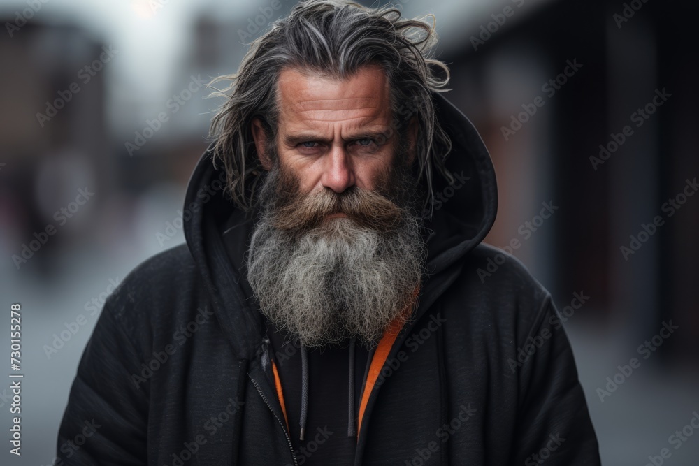 closeup portrait of a sad and depressed man with long gray beard and hair in a black sweatshirt outdoors in the street closeup portrait of a sad and depressed man with long gray beard and hair in a black sweatshirt outdoors in the street
