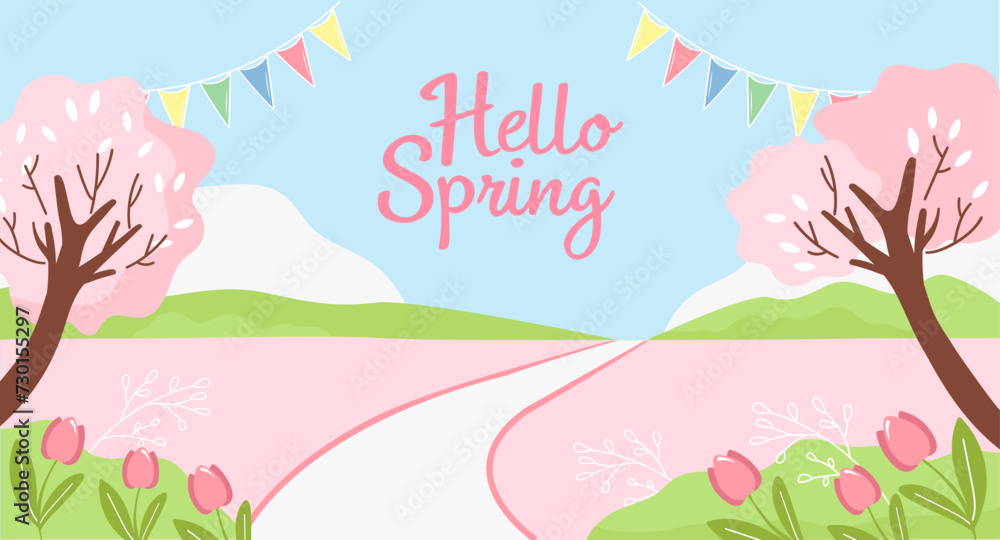 Hello Spring. Gentle landscape with cherry blossoms. Vector scenery illustration background.