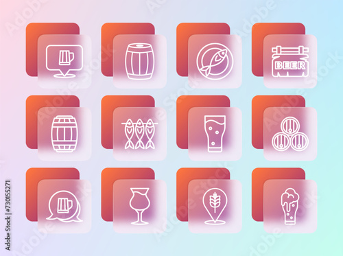 Set line Street signboard with Beer, Glass of beer, Wheat, Dried fish, Wooden mug and barrel icon. Vector