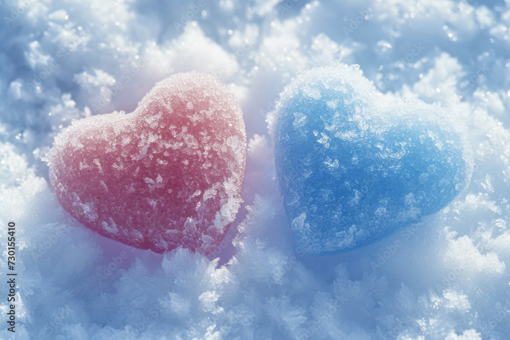 Fototapeta premium Two hearts shaped like candy in white snow.