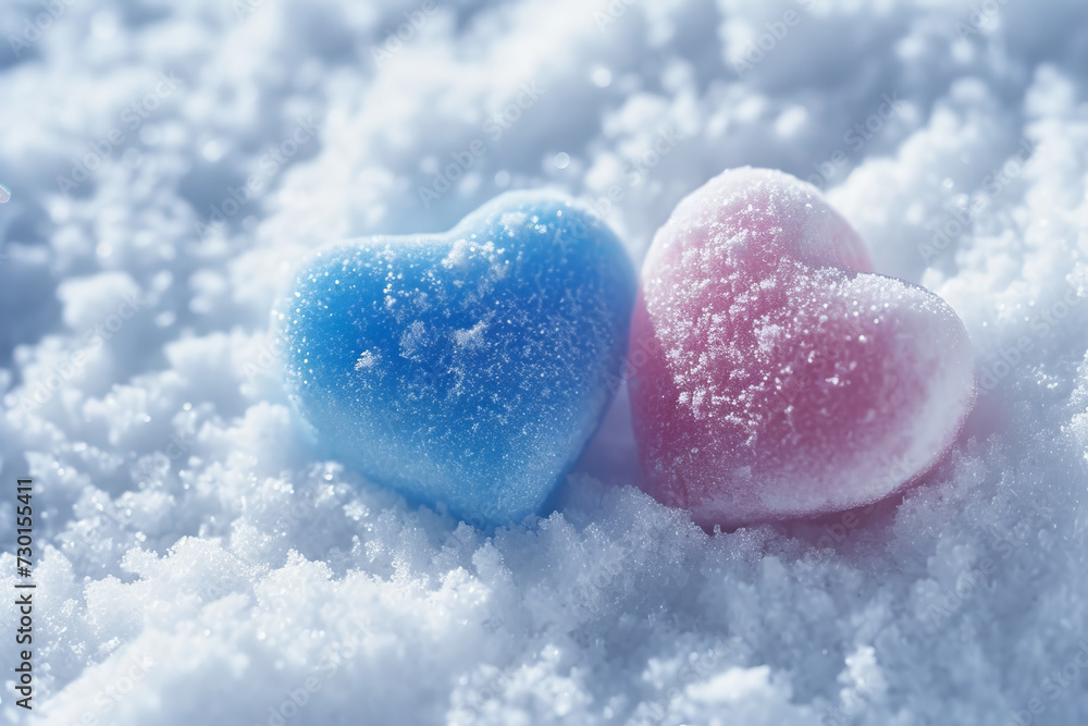 Two hearts shaped like candy in white snow. Two hearts shaped like candy in white snow.