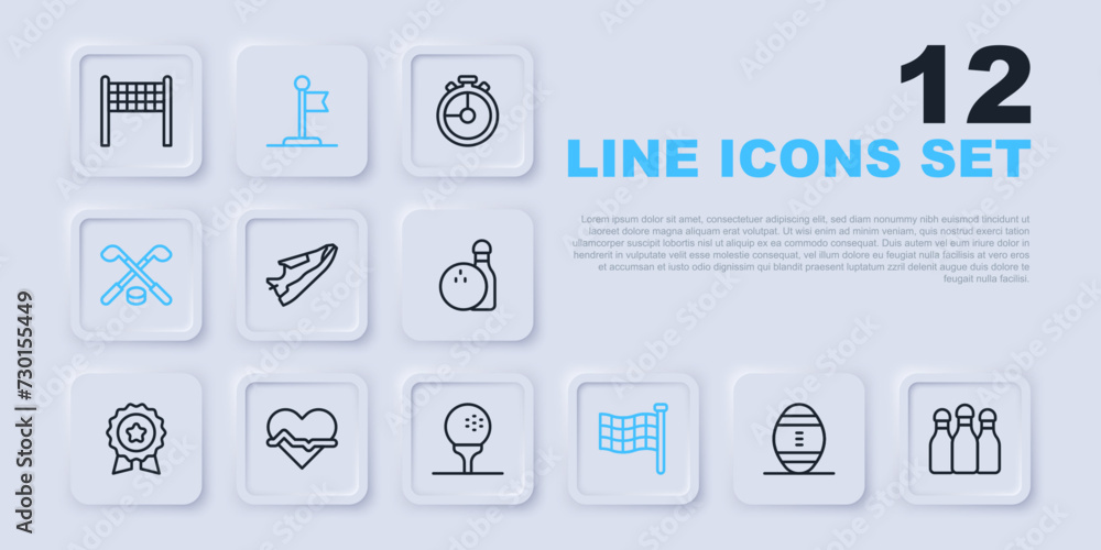 Set line American Football ball, Bowling pin, Fitness sneakers shoes, Checkered flag, Ice hockey sticks and puck, Heart rate, Flag and Golf on tee icon. Vector Set line American Football ball, Bowling pin, Fitness sneakers shoes, Checkered flag, Ice hockey sticks and puck, Heart rate, Flag and Golf on tee icon. Vector