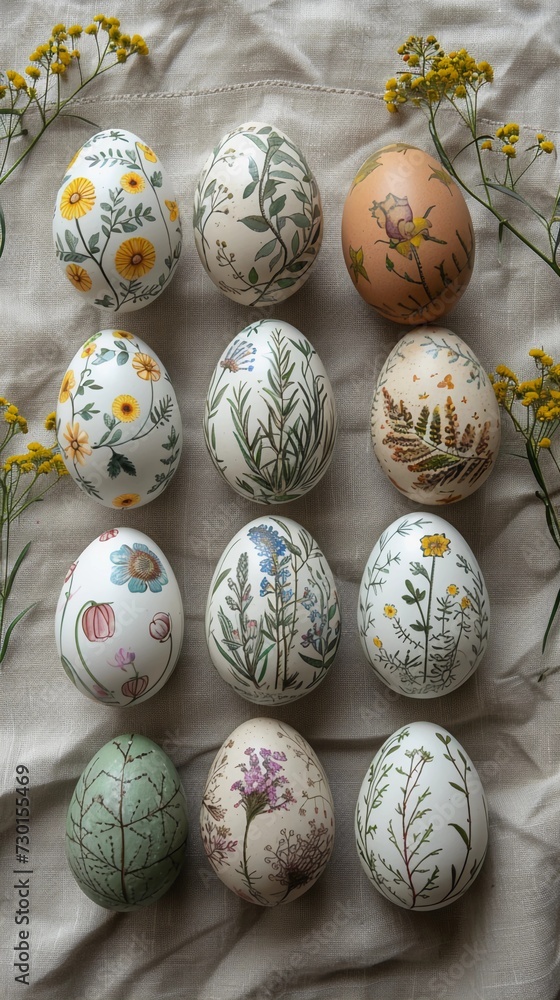 Easter eggs decorated with natural plant patterns. Natural linen fabric background. Organic and eco-stylish wide-format banner. AI Generated Easter eggs decorated with natural plant patterns. Natural linen fabric background. Organic and eco-stylish wide-format banner. AI Generated