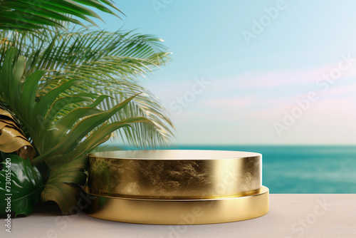 Elevated Gold Stand with Oceanic Backdrop © MAXSHOT_PL