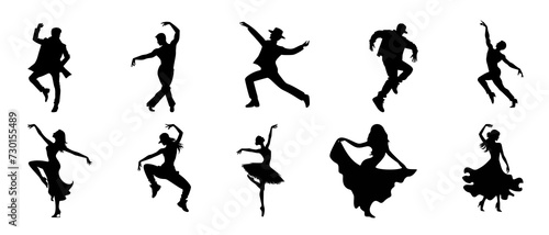 Silhouettes of Male Female Dancers in Stylish Moves and Poses black filled vector Illustration