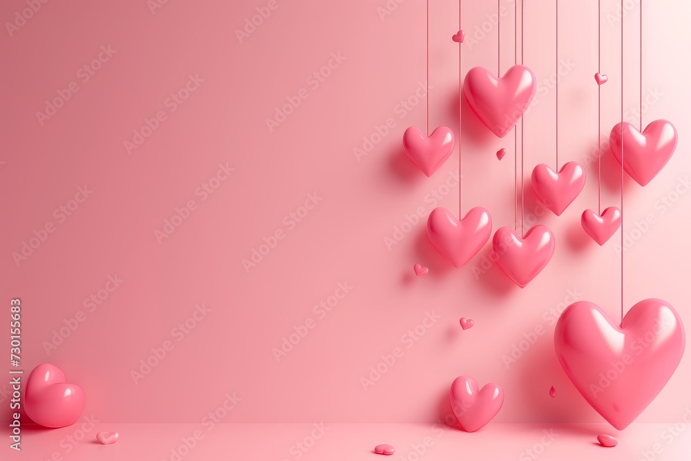 Valentine's day banner background with hanging heart 3d, minimal, romantic. Wedding. Illustration.