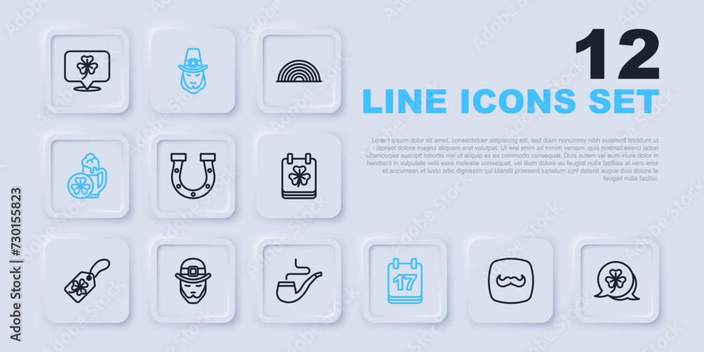 Set line Mustache, Clover trefoil leaf, Horseshoe, Saint Patricks day with calendar, Glass of beer, Leprechaun, and Smoking pipe icon. Vector Set line Mustache, Clover trefoil leaf, Horseshoe, Saint Patricks day with calendar, Glass of beer, Leprechaun, and Smoking pipe icon. Vector