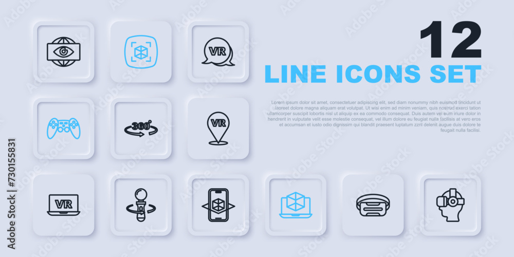 Set line Virtual reality glasses, 360 degree view, 3d modeling, Gamepad, VR controller game, and icon. Vector Set line Virtual reality glasses, 360 degree view, 3d modeling, Gamepad, VR controller game, and icon. Vector