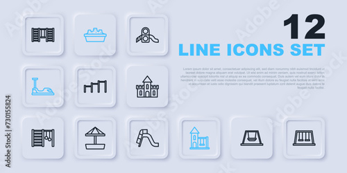 Set line Swing for kids, Swings, Sport horizontal bar, Bumper car, Sandbox with sand, and Slide playground icon. Vector