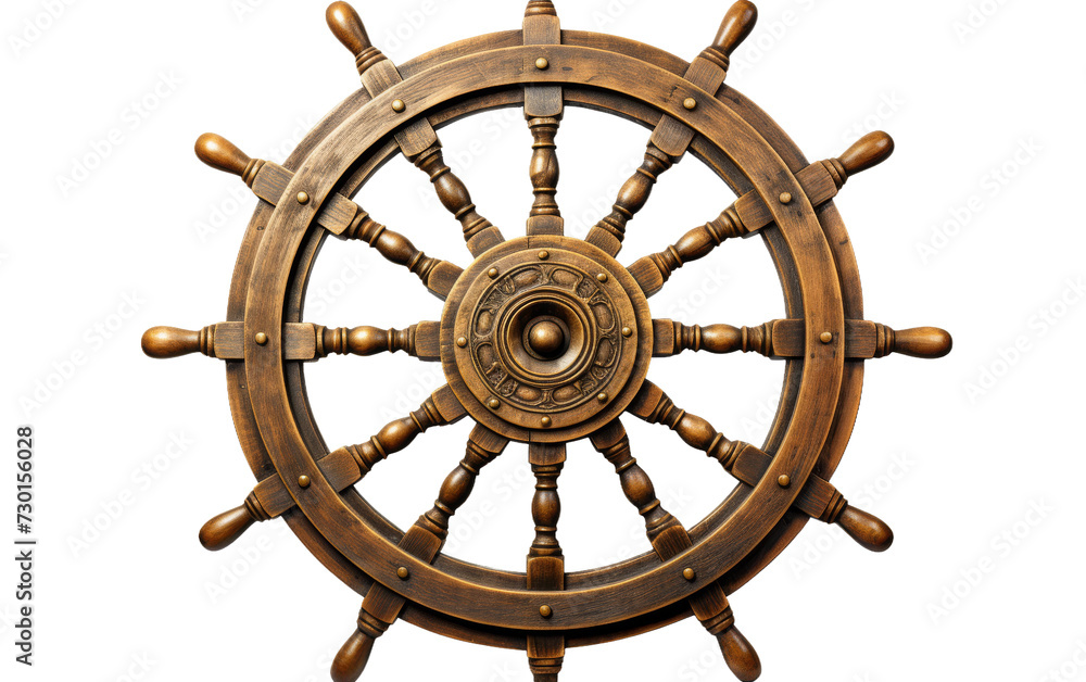 Essential old wooden ship wheel with brass details isolated on white background