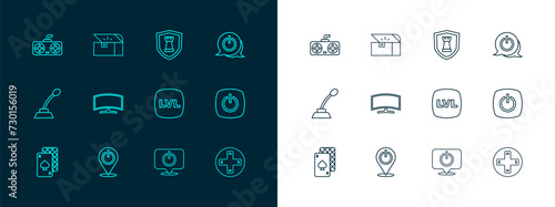 Set line Power button, Level game, Computer monitor, Chess shield, Game controller joystick and Chest for icon. Vector