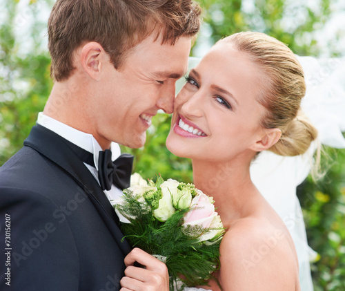 Couple, happy and affection at wedding celebration in outdoors, together and smiling in nature. Bride, portrait and commitment to relationship with marriage, love and romance at outside ceremony