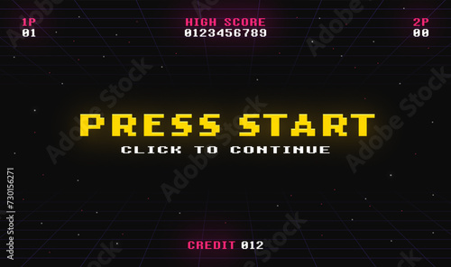 Retro game screen. 8 bit game. Press start to continue. Vector illustrations