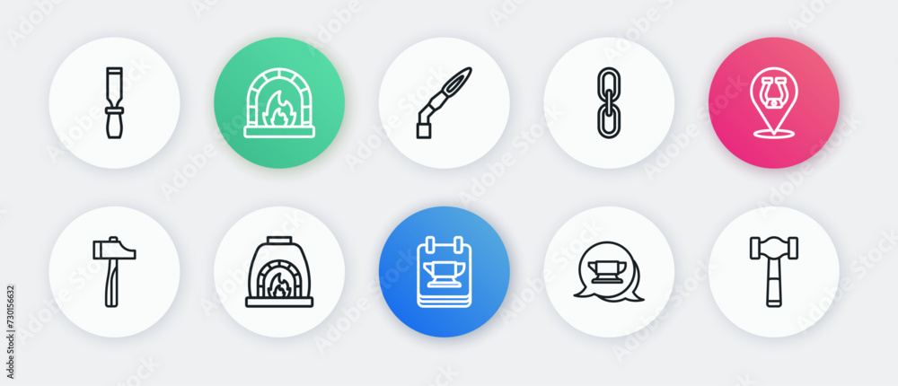Set line Blacksmith anvil tool, Horseshoe, Hammer, Chain link, Welding torch, and oven icon. Vector Set line Blacksmith anvil tool, Horseshoe, Hammer, Chain link, Welding torch, and oven icon. Vector