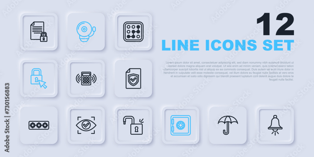 Set line Umbrella, Ringing alarm bell, Security keypad access panel, Safe, Lock, Eye scan, and Open padlock icon. Vector Set line Umbrella, Ringing alarm bell, Security keypad access panel, Safe, Lock, Eye scan, and Open padlock icon. Vector