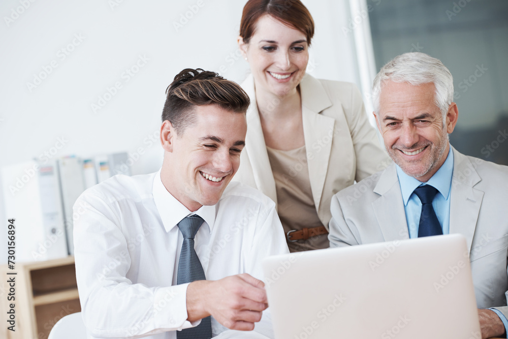Computer, meeting and business people in discussion in office for corporate legal project. Conversation, technology and professional team of lawyers working on laptop by desk together in workplace. Computer, meeting and business people in discussion in office for corporate legal project. Conversation, technology and professional team of lawyers working on laptop by desk together in workplace.