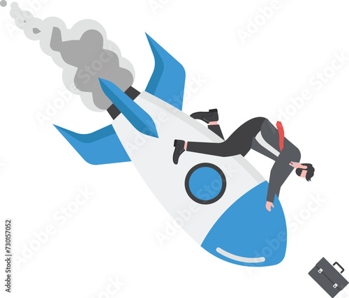 Fail start up business, new business risk or unexpected entrepreneur bankruptcy concept, depressed businessman company owner sitting on crash launching space rocket metaphor of new business failure.


