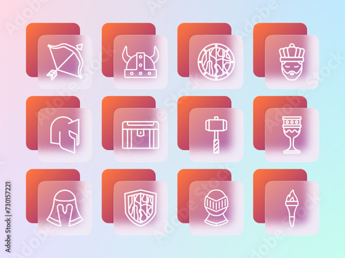 Set line King with crown, Shield, Battle hammer, Medieval helmet, Antique treasure chest, Round wooden shield, bow and arrow and Viking horned icon. Vector