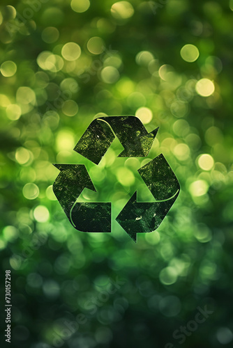 Dark green recycle symbol on bokeh background
