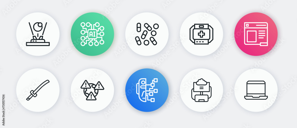 Set line Humanoid robot, Browser window, Katana, Cloud database, First aid kit, Medical pill biohacking, Laptop and Earth with exclamation mark icon. Vector