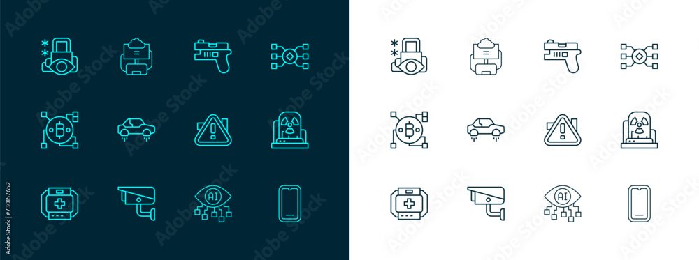 Set line Neural network, Security camera, Exclamation mark in triangle, Computer vision, Fantastic flying car, Futuristic weapon, Cyber security and Cloud database icon. Vector Set line Neural network, Security camera, Exclamation mark in triangle, Computer vision, Fantastic flying car, Futuristic weapon, Cyber security and Cloud database icon. Vector