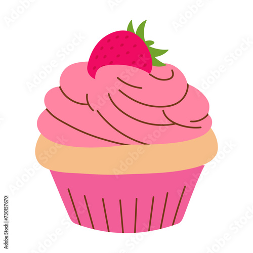 vanilla cupcake with pink whipped cream and strawberry on top, food vector illustration, baked sweets, flat style muffin