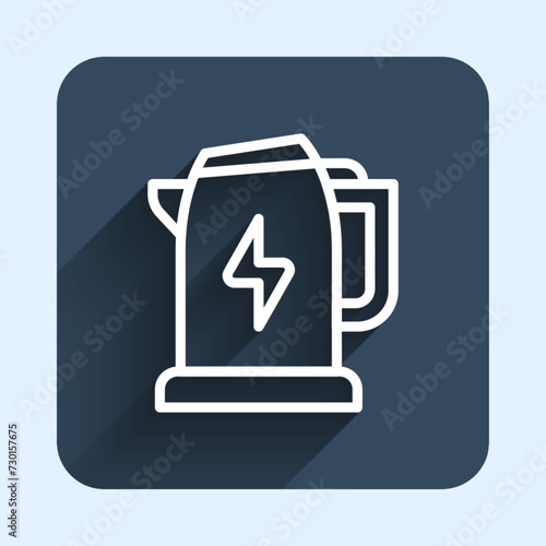 White line Electric kettle icon isolated with long shadow background. Teapot icon. Blue square button. Vector