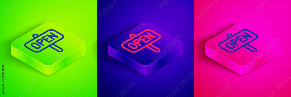 Isometric line Hanging sign with text Open door icon isolated on green, blue and pink background. Square button. Vector Isometric line Hanging sign with text Open door icon isolated on green, blue and pink background. Square button. Vector