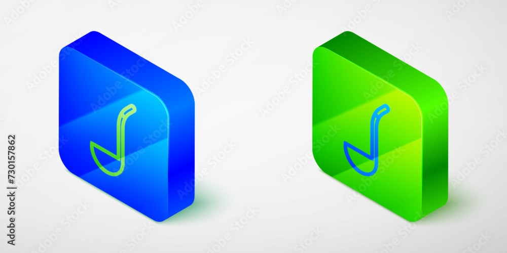 Isometric line Kitchen ladle icon isolated on grey background. Cooking utensil. Cutlery spoon sign. Blue and green square button. Vector Isometric line Kitchen ladle icon isolated on grey background. Cooking utensil. Cutlery spoon sign. Blue and green square button. Vector