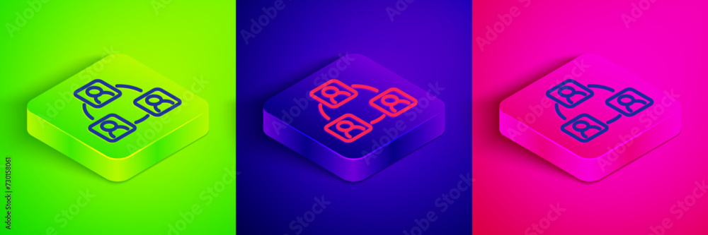 Isometric line Meeting icon isolated on green, blue and pink background. Business team meeting, discussion concept, analysis, content strategy. Presentation conference. Square button. Vector Isometric line Meeting icon isolated on green, blue and pink background. Business team meeting, discussion concept, analysis, content strategy. Presentation conference. Square button. Vector