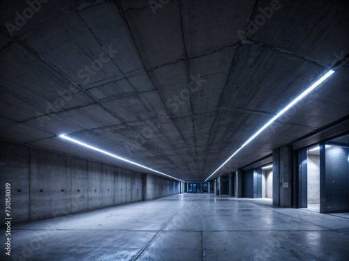empty underground parking, perspective view, lights
