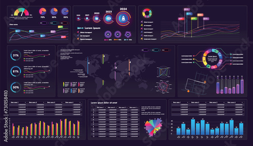 The picture shows a modern interface for a website or mobile application. Design elements include buttons, icons, components and infographic elements.