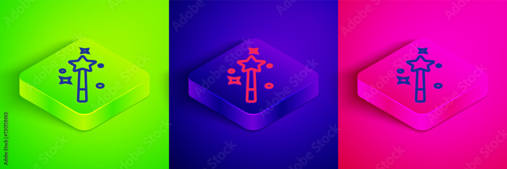Fototapeta premium Isometric line Magic wand icon isolated on green, blue and pink background. Star shape magic accessory. Magical power. Square button. Vector