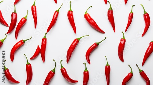 Vivid red hot peppers crossing over each other, white backdrop