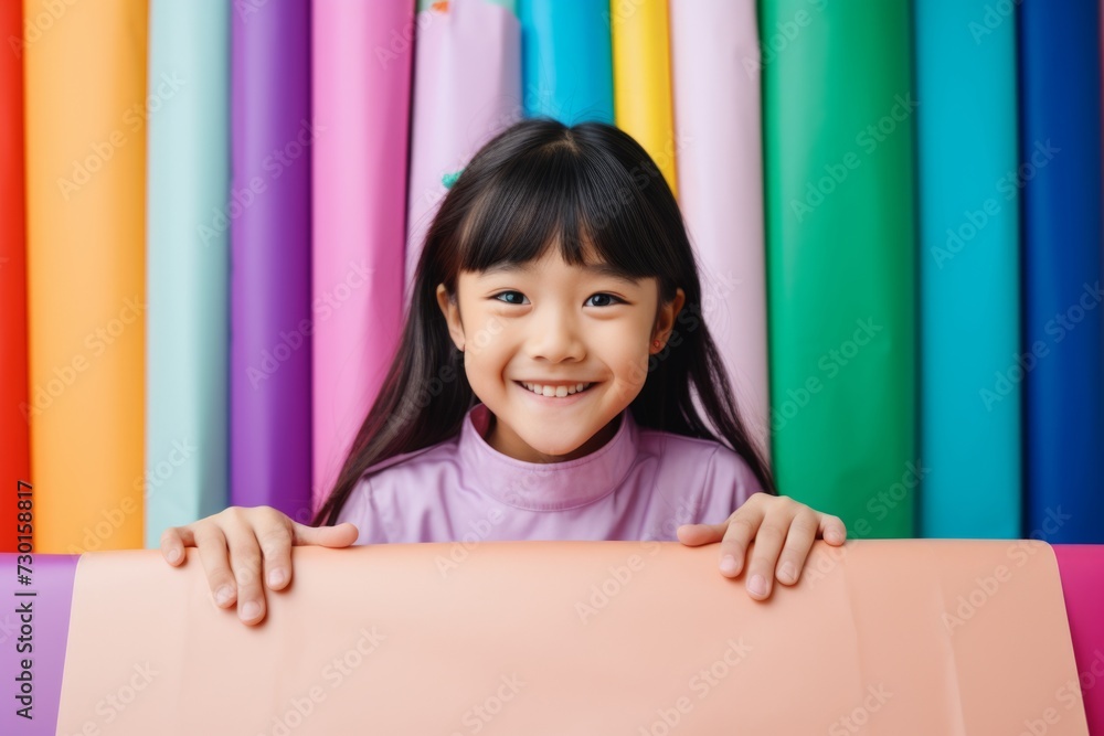 happy asian child girl with gift boxes tied ribbons and colorful paper decorations for the holiday happy asian child girl with gift boxes tied ribbons and colorful paper decorations for the holiday