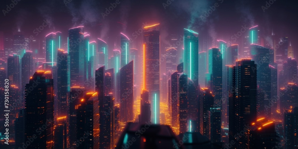 Neon Lights Illuminate a Futuristic Skyline at Dusk in a Modern Cityscape